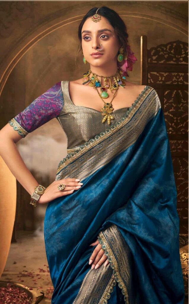 Teal Blue Banarasi Silk Jacquard Saree with Lace Border & Heavy Pallu