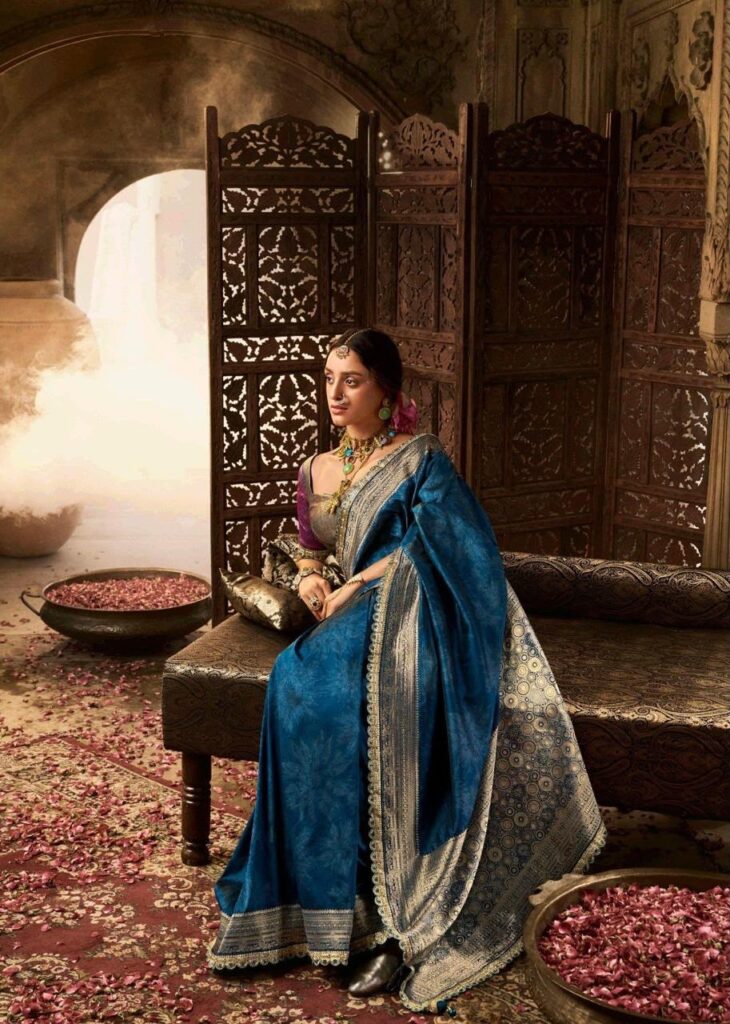 Teal Blue Banarasi Silk Jacquard Saree with Lace Border & Heavy Pallu