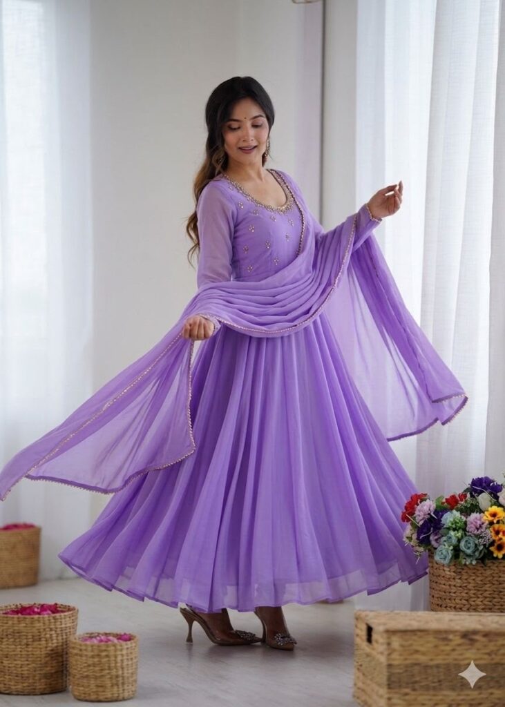 Lavender Georgette Anarkali Suit – Graceful Flared Ensemble with Embroidery