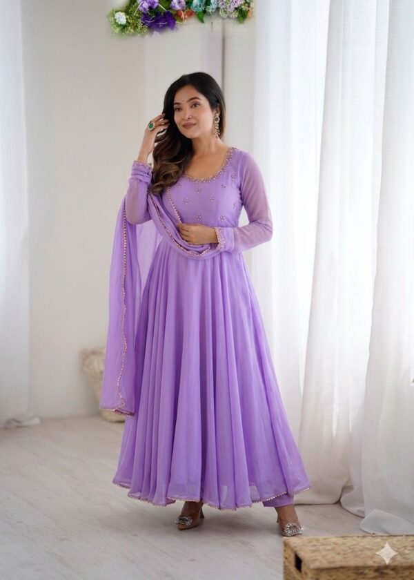 Lavender Georgette Anarkali Suit – Graceful Flared Ensemble with Embroidery