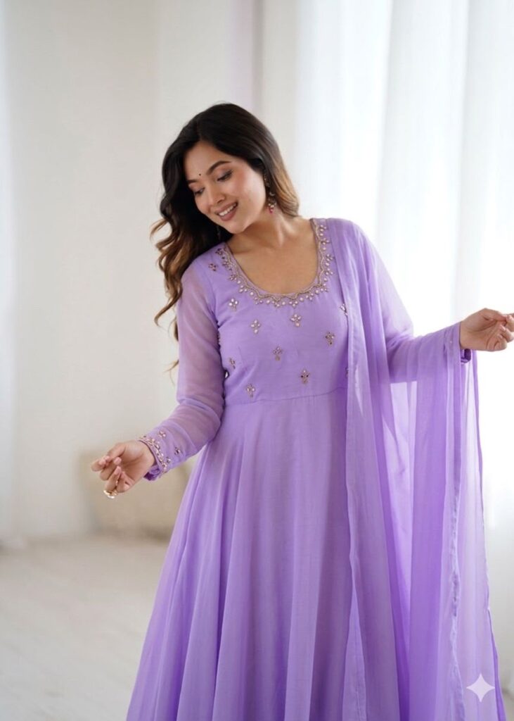 Lavender Georgette Anarkali Suit – Graceful Flared Ensemble with Embroidery