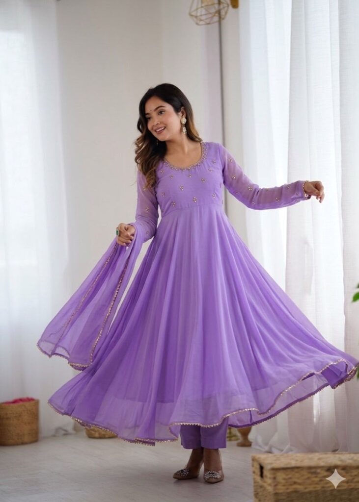 Lavender Georgette Anarkali Suit – Graceful Flared Ensemble with Embroidery