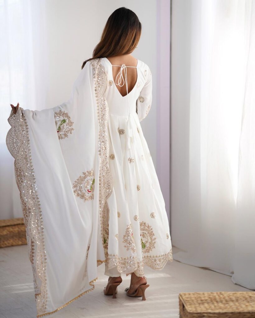 White Chinon Silk Embroidered Gown Set – Elegant Stitched Anarkali for Dubai festivals