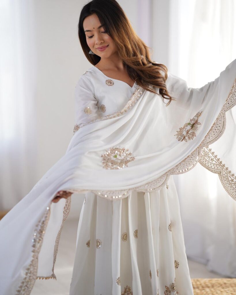 White Chinon Silk Embroidered Gown Set – Elegant Stitched Anarkali for Dubai festivals