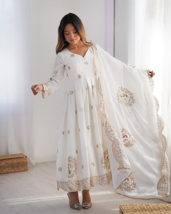 White Chinon Silk Embroidered Gown Set – Elegant Stitched Anarkali for Dubai festivals