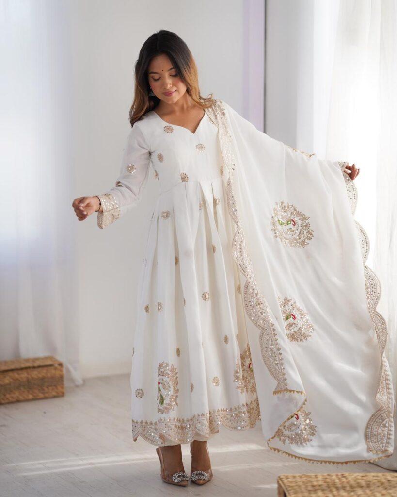 White Chinon Silk Embroidered Gown Set – Elegant Stitched Anarkali for Dubai festivals