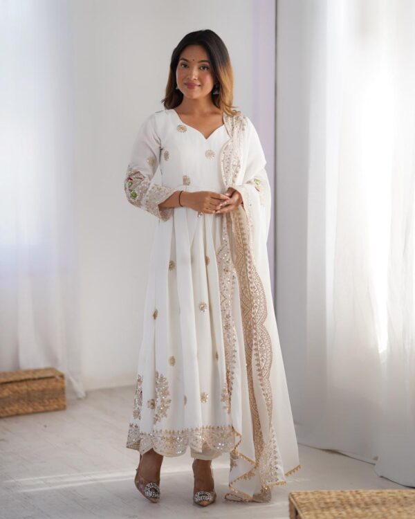 White Chinon Silk Embroidered Gown Set – Elegant Stitched Anarkali for Dubai festivals