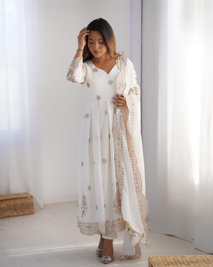 White Chinon Silk Embroidered Gown Set – Elegant Stitched Anarkali for Dubai festivals