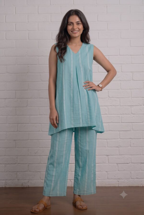 Blue Striped South Cotton Coord Set—smart office wear