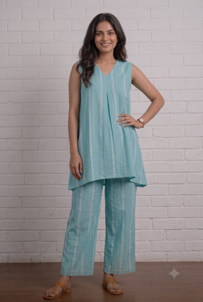Blue Striped South Cotton Coord Set—smart office wear