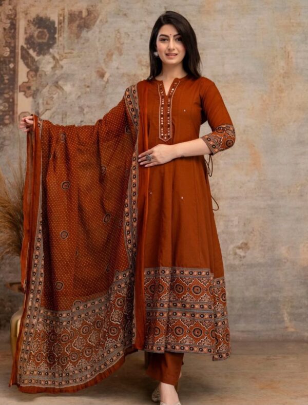 Rust Red Pure Cotton Anarkali Suit with Jaipuri Prints – 3Pc Complete Set for Dubai Summers