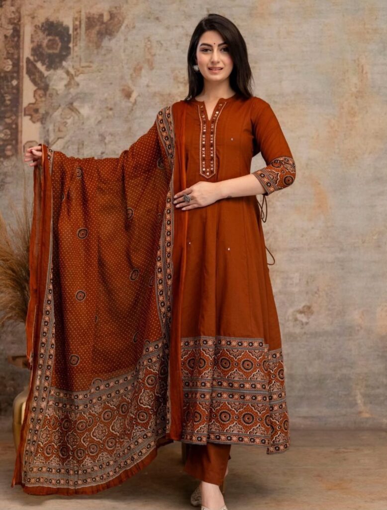 Rust Red Pure Cotton Anarkali Suit with Jaipuri Prints – 3Pc Complete Set for Dubai Summers