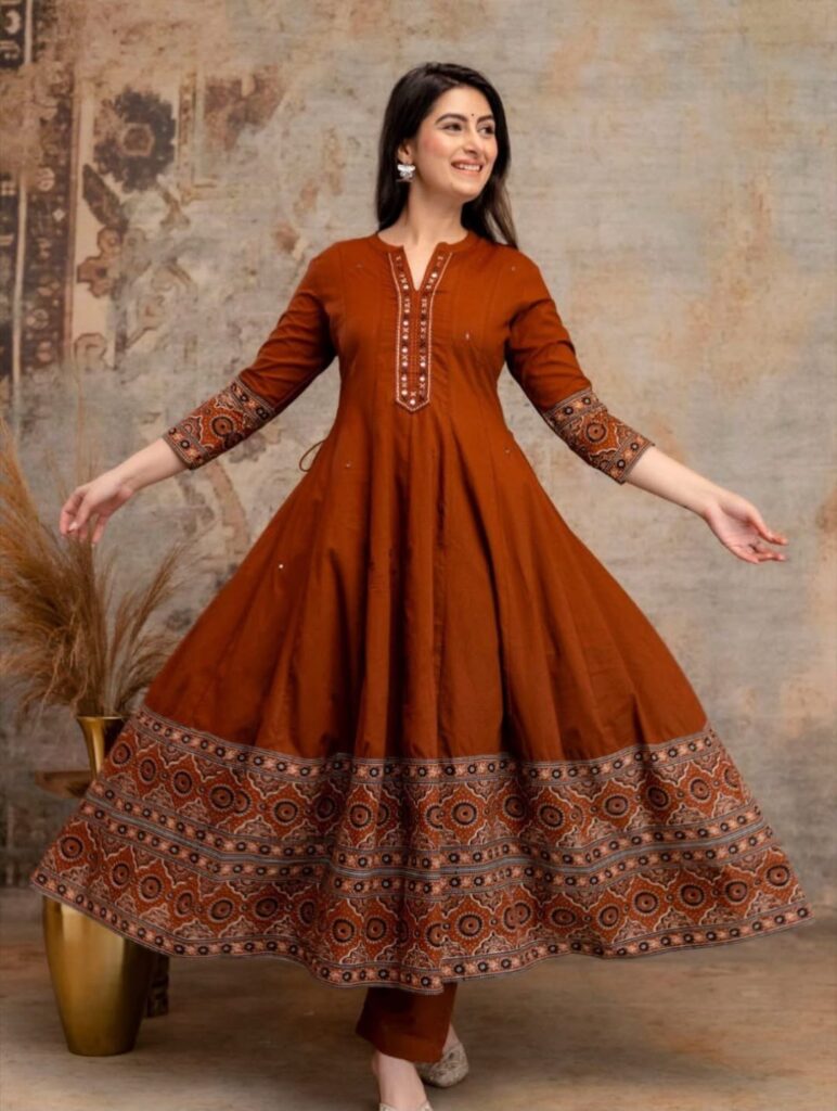 Rust Red Pure Cotton Anarkali Suit with Jaipuri Prints – 3Pc Complete Set for Dubai Summers
