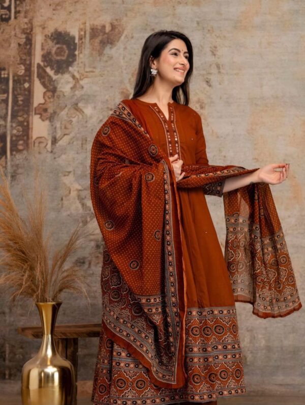 Rust Red Pure Cotton Anarkali Suit with Jaipuri Prints – 3Pc Complete Set for Dubai Summers