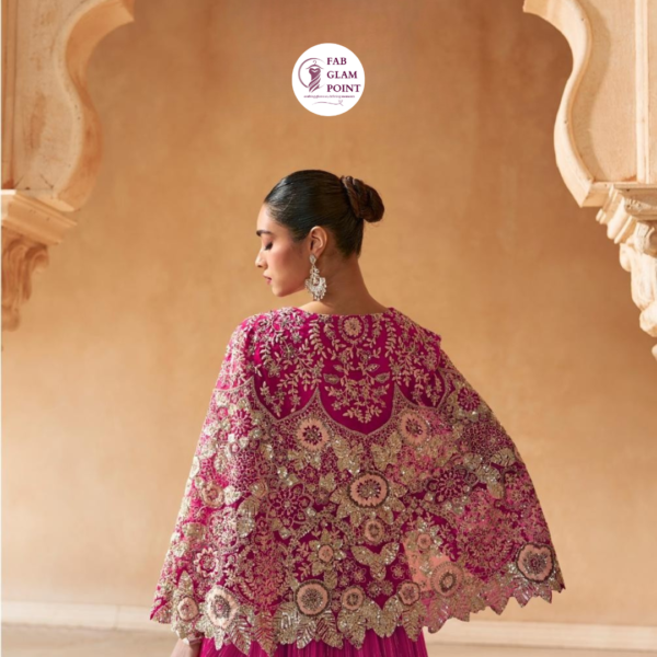 Magenta Indo Western Crop Top with Embroidered Cape & Pleated Skirt Set